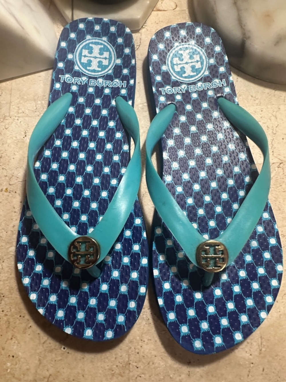 Tory Burch Navy Patterned Flip Flops with Teal Straps